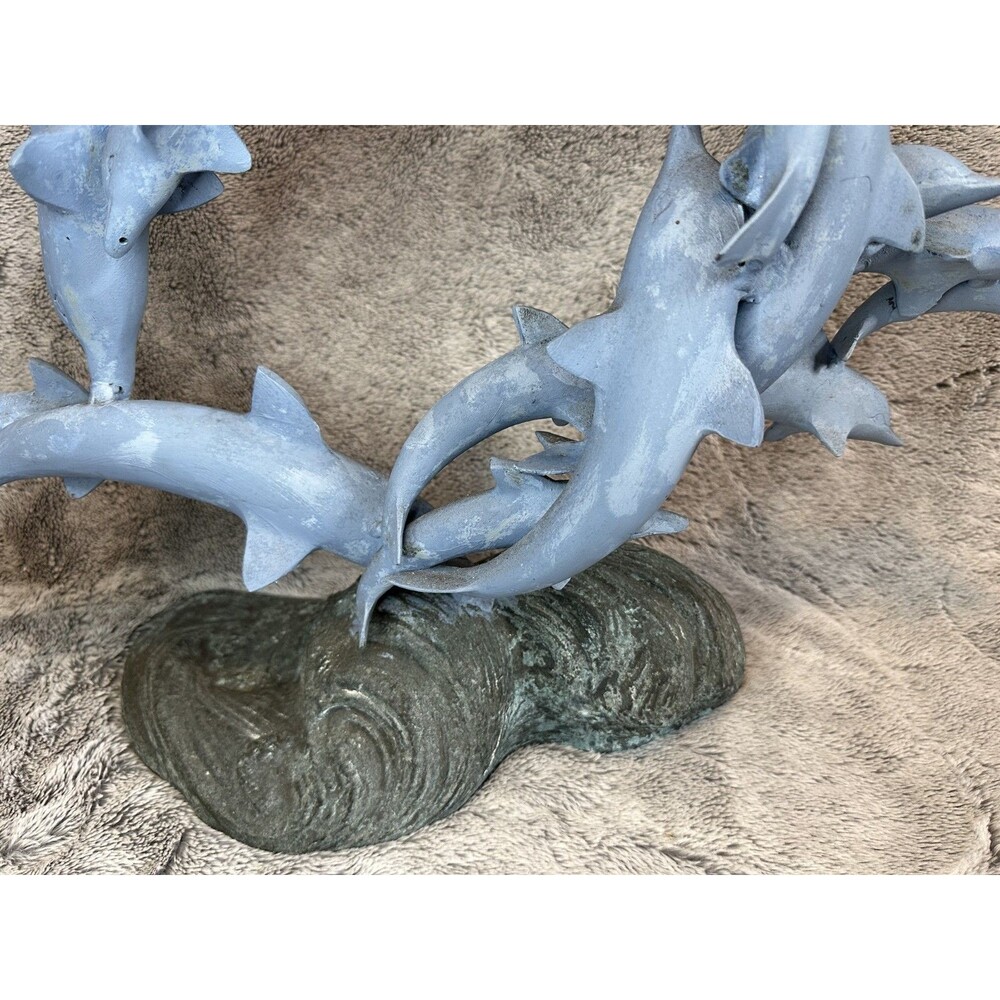 Large Bronze Dolphin Sculpture on Wave Base – Heavy 15.4 lb Art‎ Decor - Picture 12 of 14